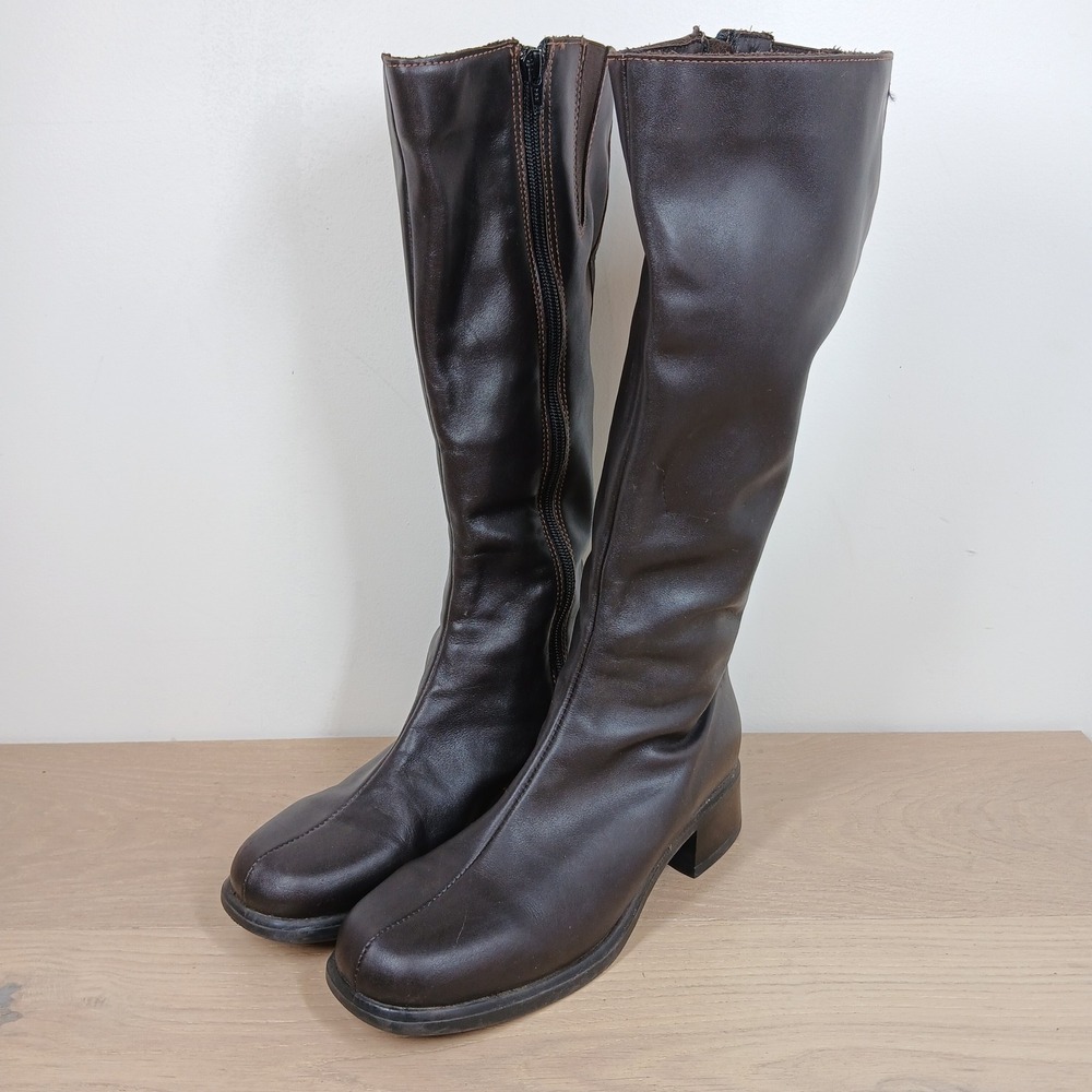 nexday Tall Boots Womens 8.5W Dark Brown Leather Block Heel Side Zip Round Toe